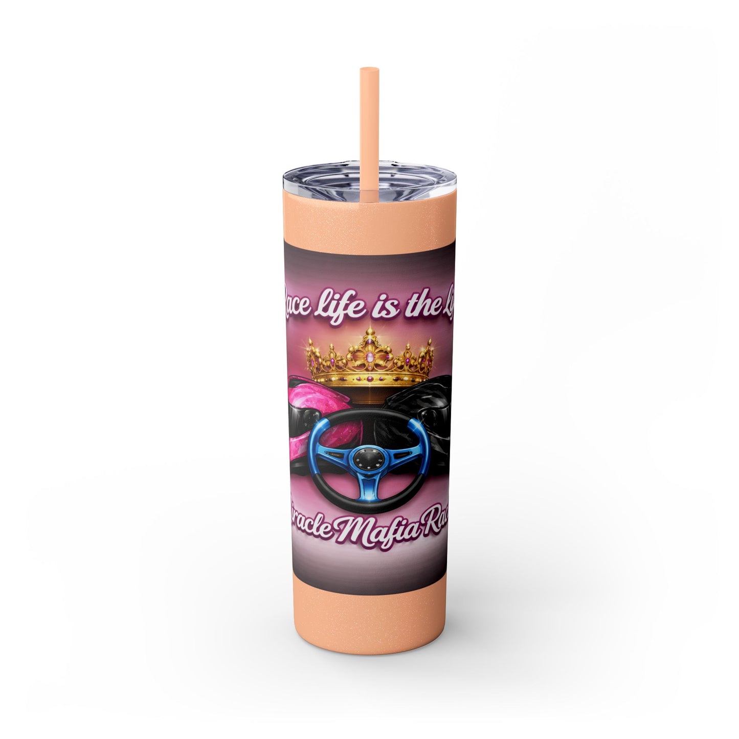 Racing Queen 20oz Skinny Tumbler with Straw — 'Race Life Is the Life' Pink Helmet & Crown Design