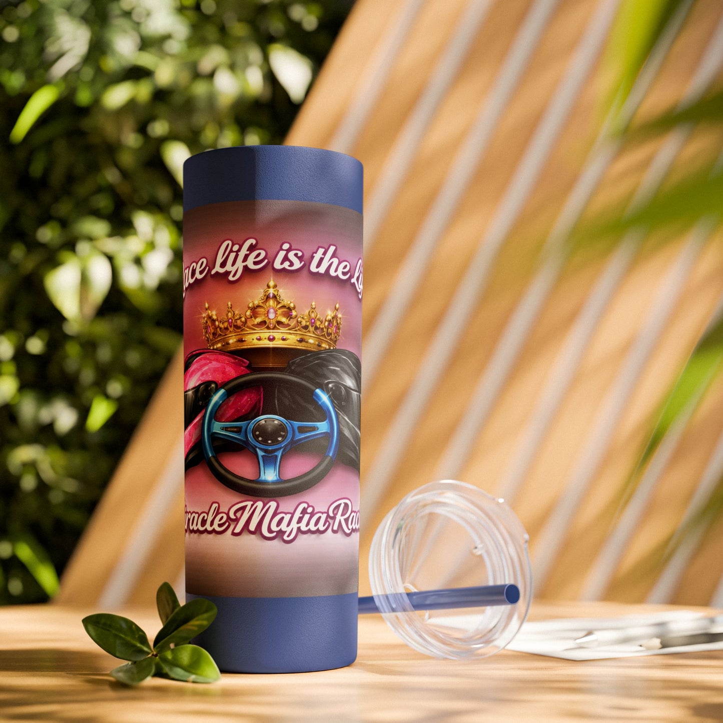 Racing Queen 20oz Skinny Tumbler with Straw — 'Race Life Is the Life' Pink Helmet & Crown Design