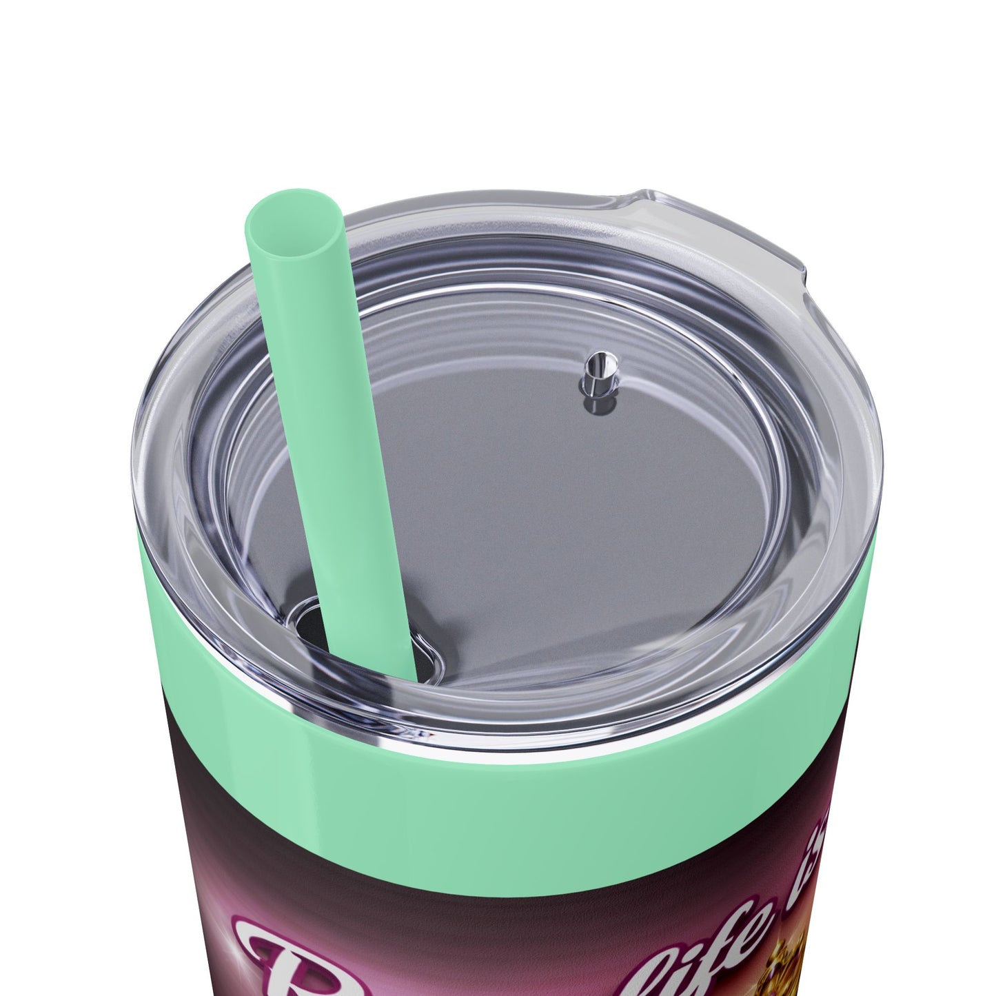 Racing Queen 20oz Skinny Tumbler with Straw — 'Race Life Is the Life' Pink Helmet & Crown Design