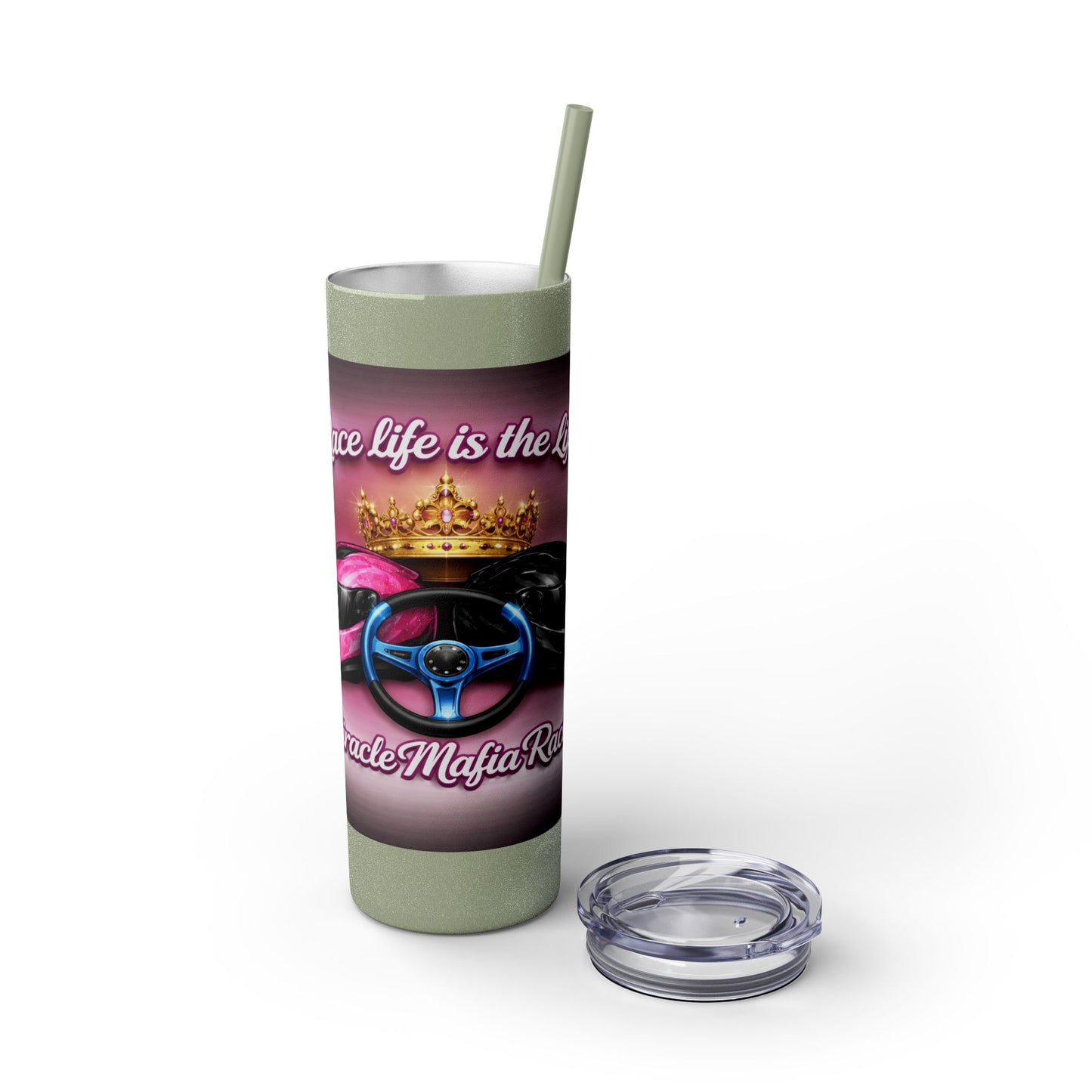 Racing Queen 20oz Skinny Tumbler with Straw — 'Race Life Is the Life' Pink Helmet & Crown Design
