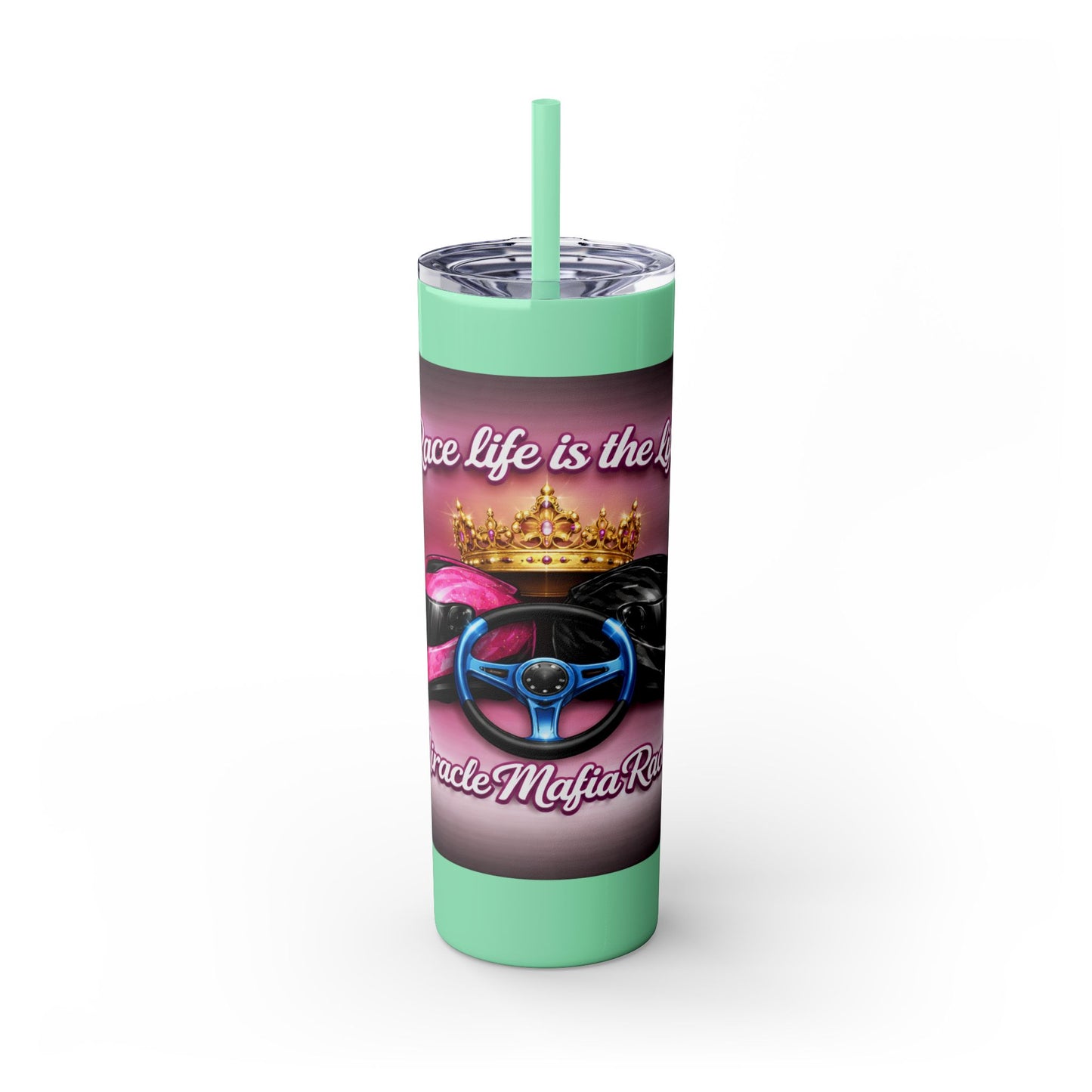 Racing Queen 20oz Skinny Tumbler with Straw — 'Race Life Is the Life' Pink Helmet & Crown Design
