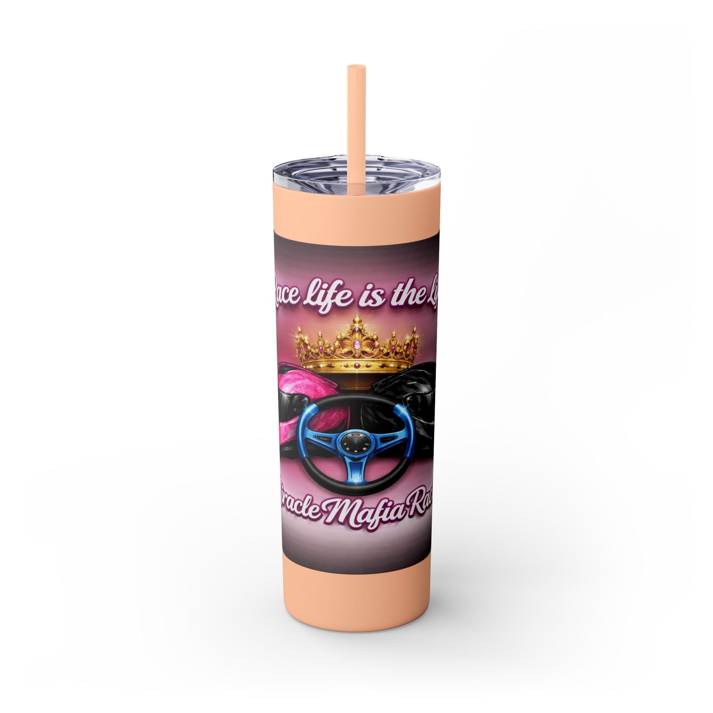 Racing Queen 20oz Skinny Tumbler with Straw — 'Race Life Is the Life' Pink Helmet & Crown Design