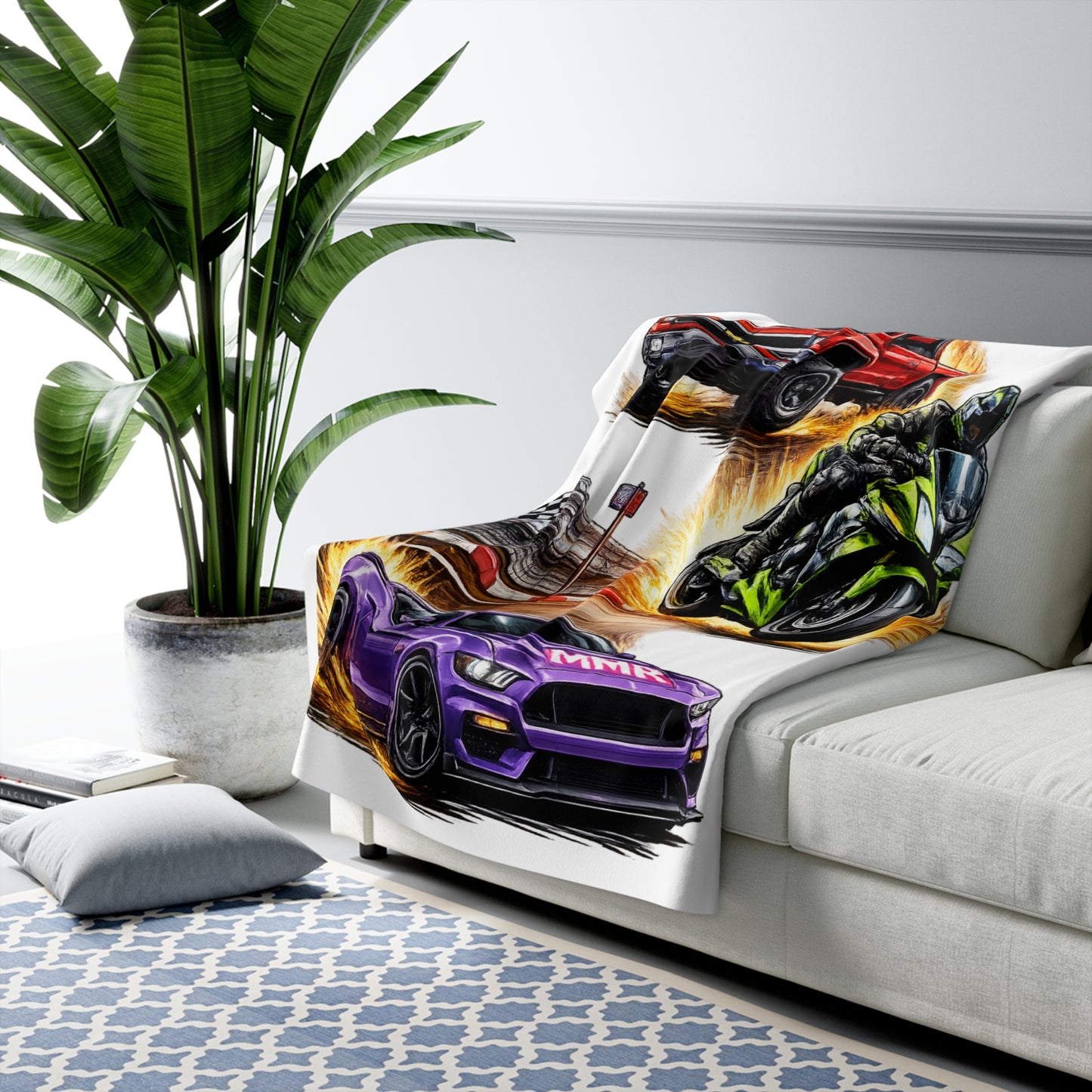 Racing Vehicles Sherpa Blanket – Muscle Car, Motorcycle & Truck Track Design