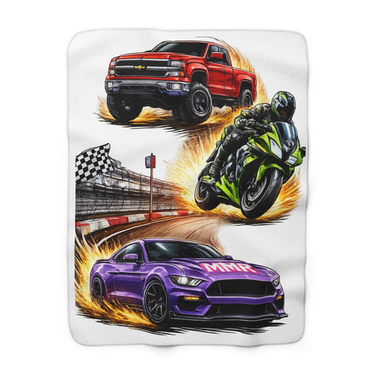 Racing Vehicles Sherpa Blanket – Muscle Car, Motorcycle & Truck Track Design