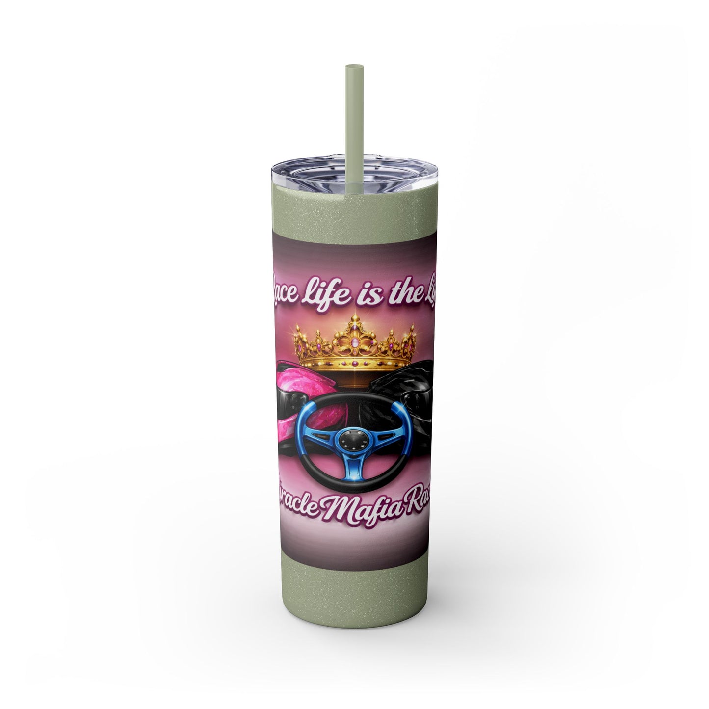 Racing Queen 20oz Skinny Tumbler with Straw — 'Race Life Is the Life' Pink Helmet & Crown Design