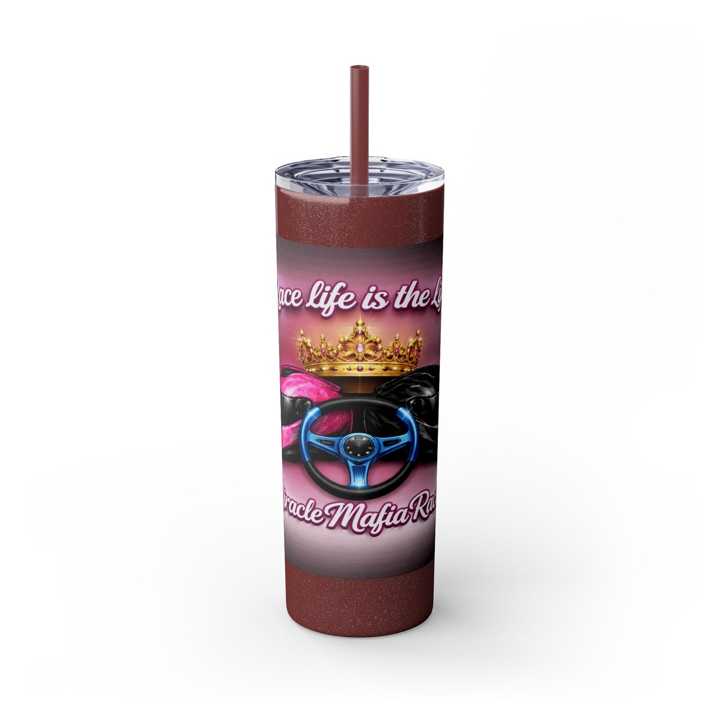 Racing Queen 20oz Skinny Tumbler with Straw — 'Race Life Is the Life' Pink Helmet & Crown Design